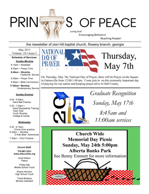 Zion Hill Baptist Church - Prints of Peace Newsletter - May 2015